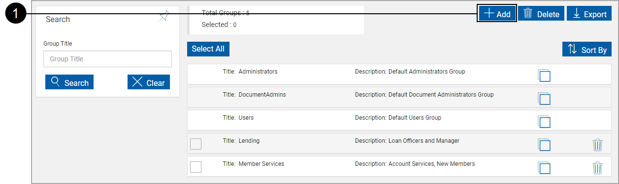 Groups Maintenance page with Expanded Lending group