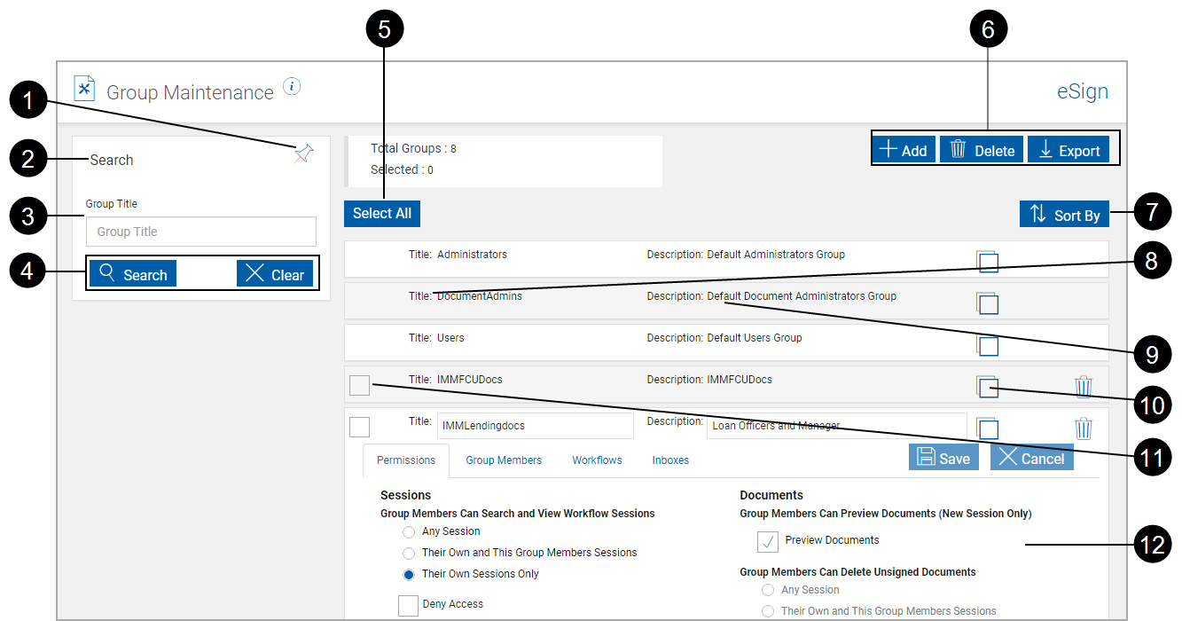 Groups Maintenance page with Expanded group eSign plus