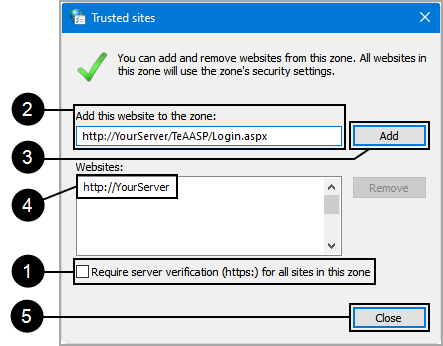 Internet Properties, Trusted Sites window