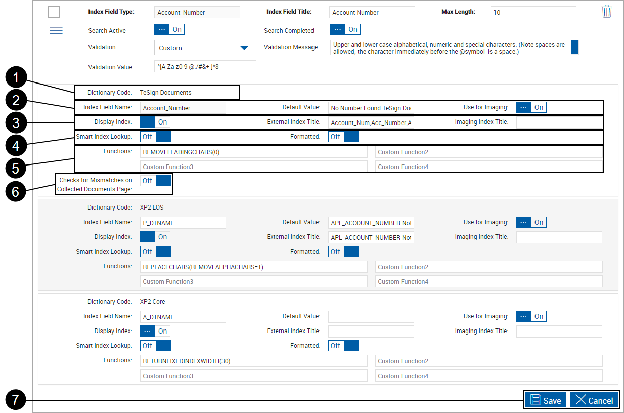 Index Fields Maintenance page, expanded field