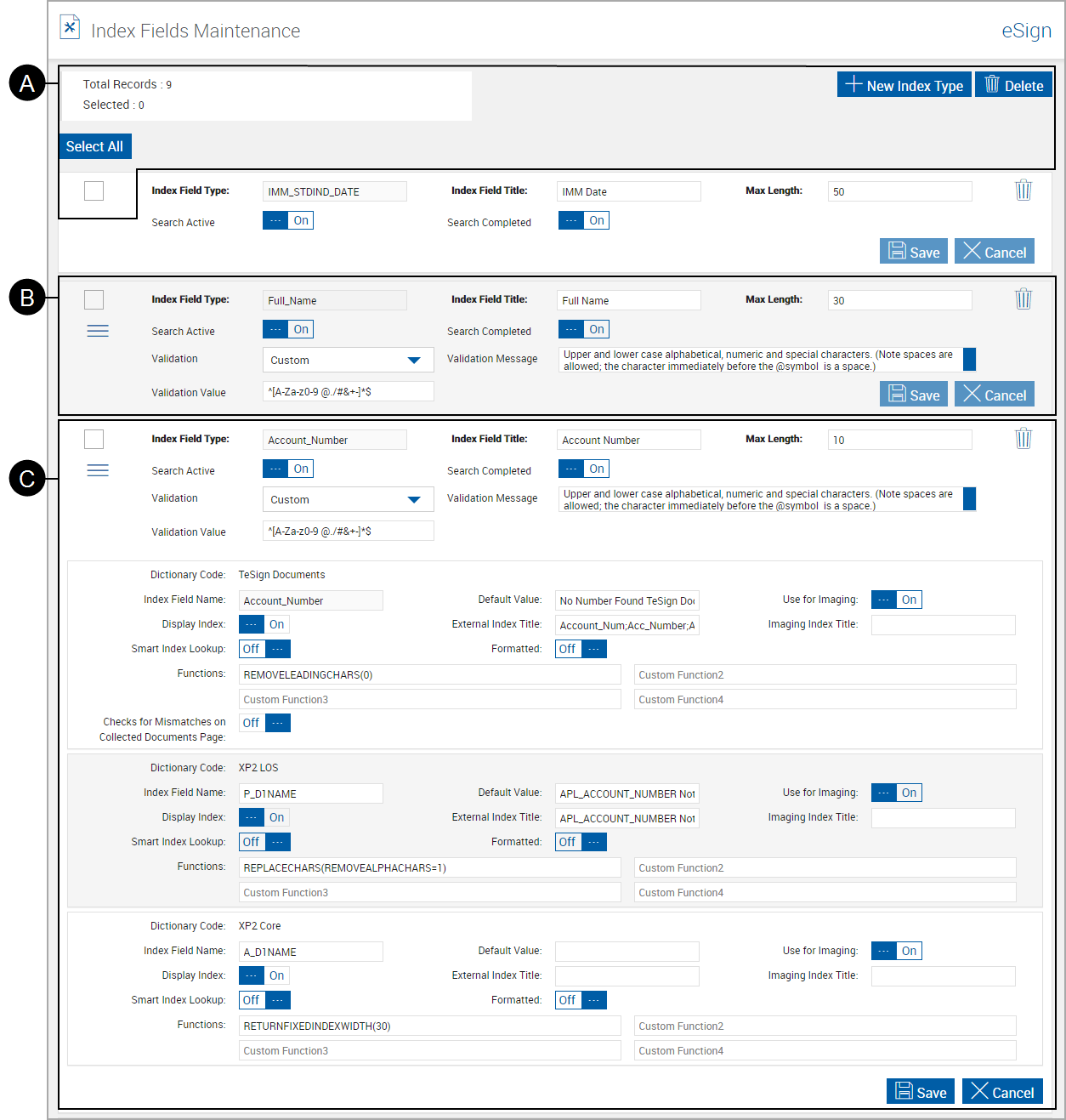 Index Fields Maintenance page, Full