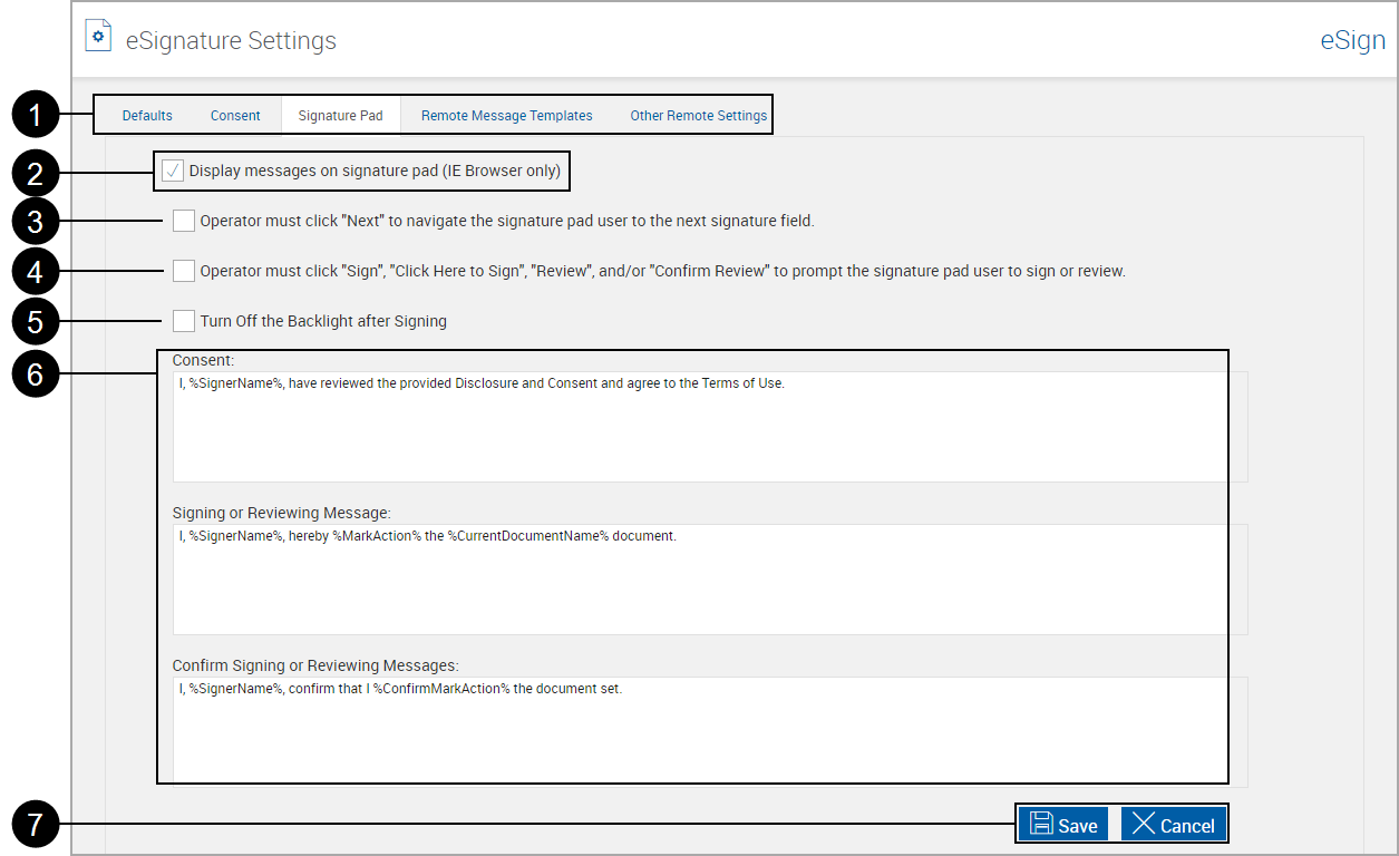 eSignature Settings, Signature Pad tab