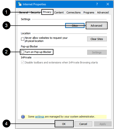 Internet Options Privacy tab