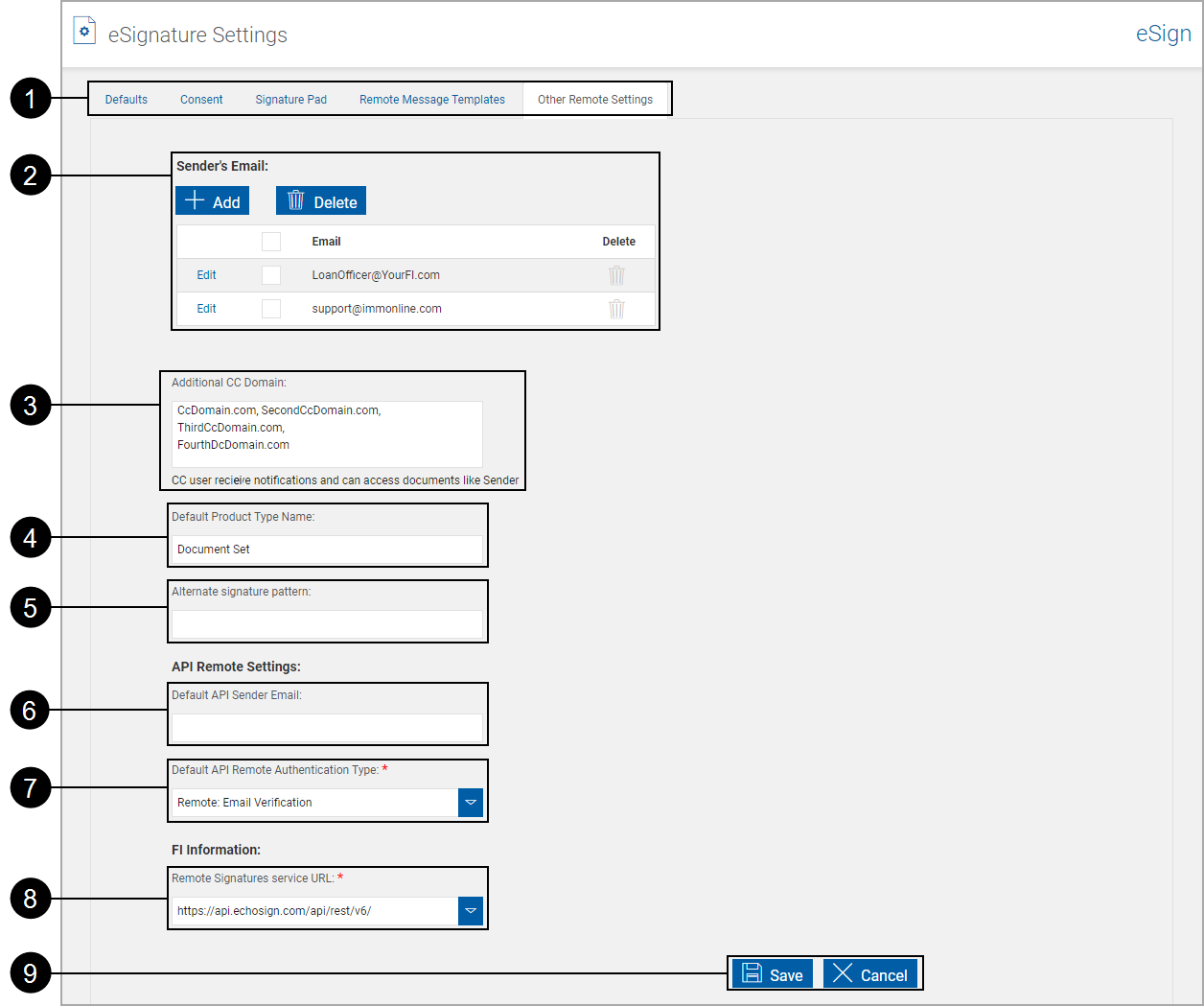 eSignature Settings page, Other Remote Settings tab