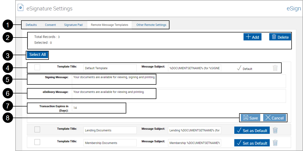 eSignature Settings, Remote Message Templates Tab