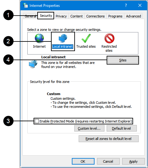 Internet Properties, Security Tab, Local intranet