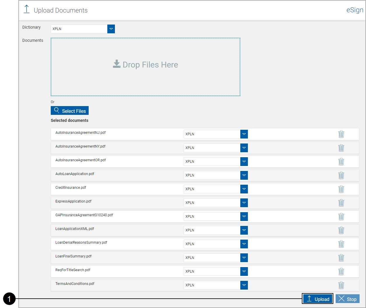 Upload Documents, populated, Click Upload Upload Documents, populated, Click Upload