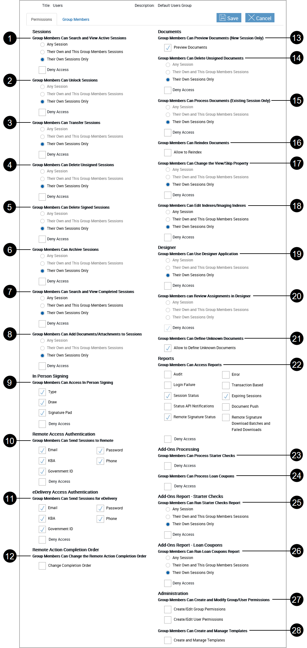 Default Group Permissions (Administrators, DocumentAdmins, Users)
