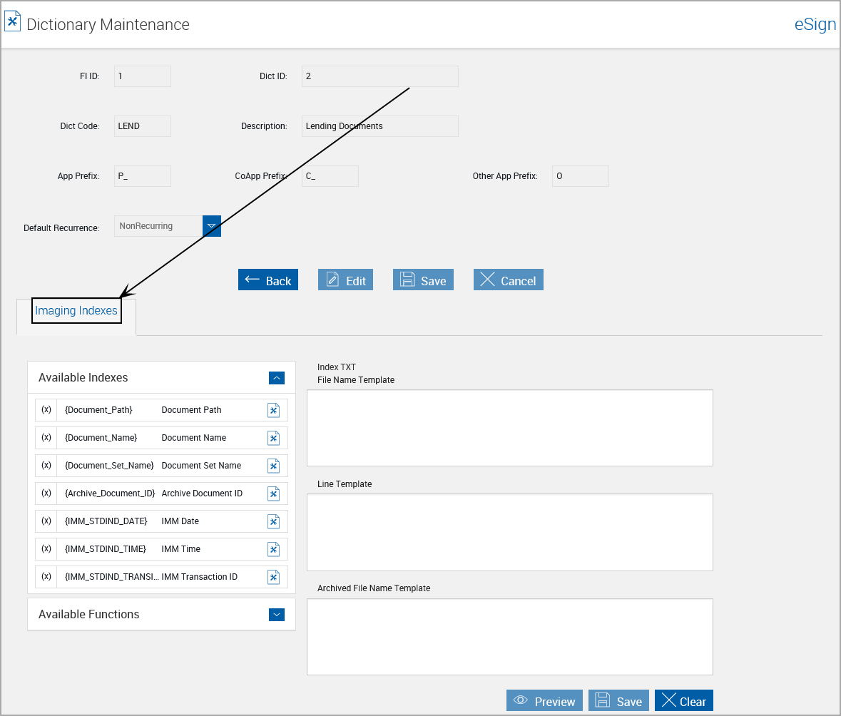 Imaging System Settings, XML Dictionary Maintenance, Imaging Indexes Tab Imaging System Settings, XML Dictionary Maintenance, Imaging Indexes Tab