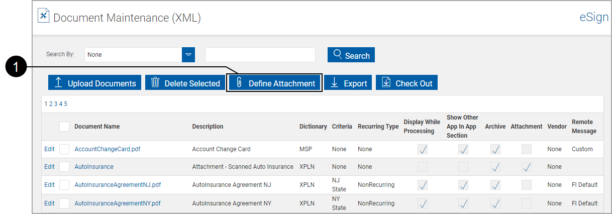 Documents Maintenance (XML) page, Click Define Attachement Documents Maintenance (XML) page, Click Define Attachement