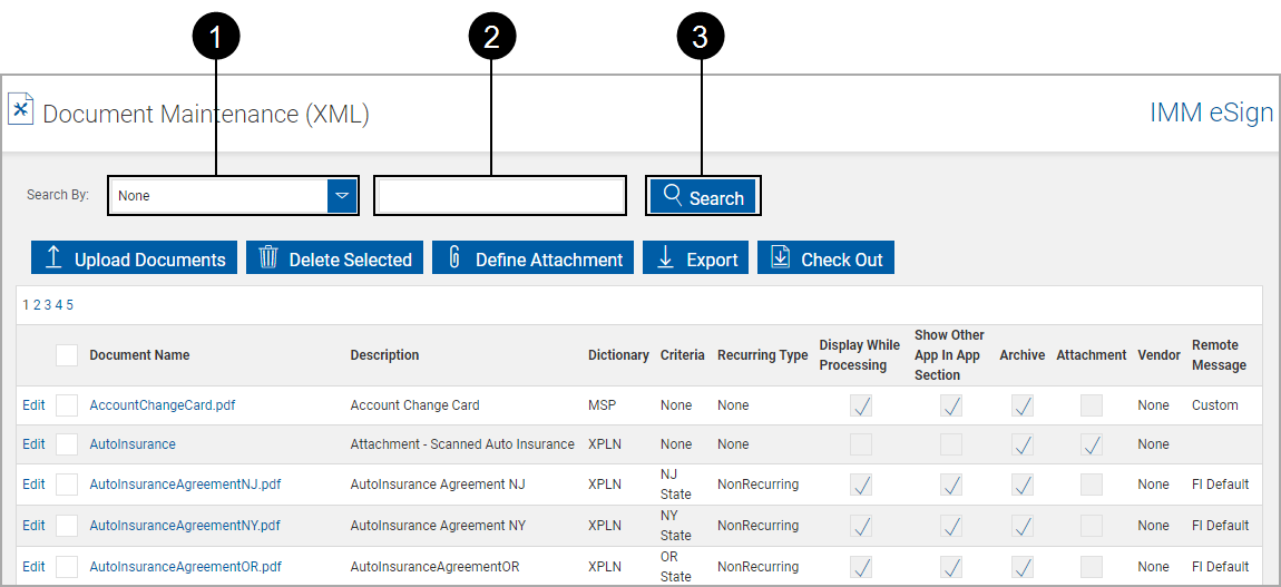 Documents Maintenance (XML) page, Search Bar Documents Maintenance (XML) page, Search Bar