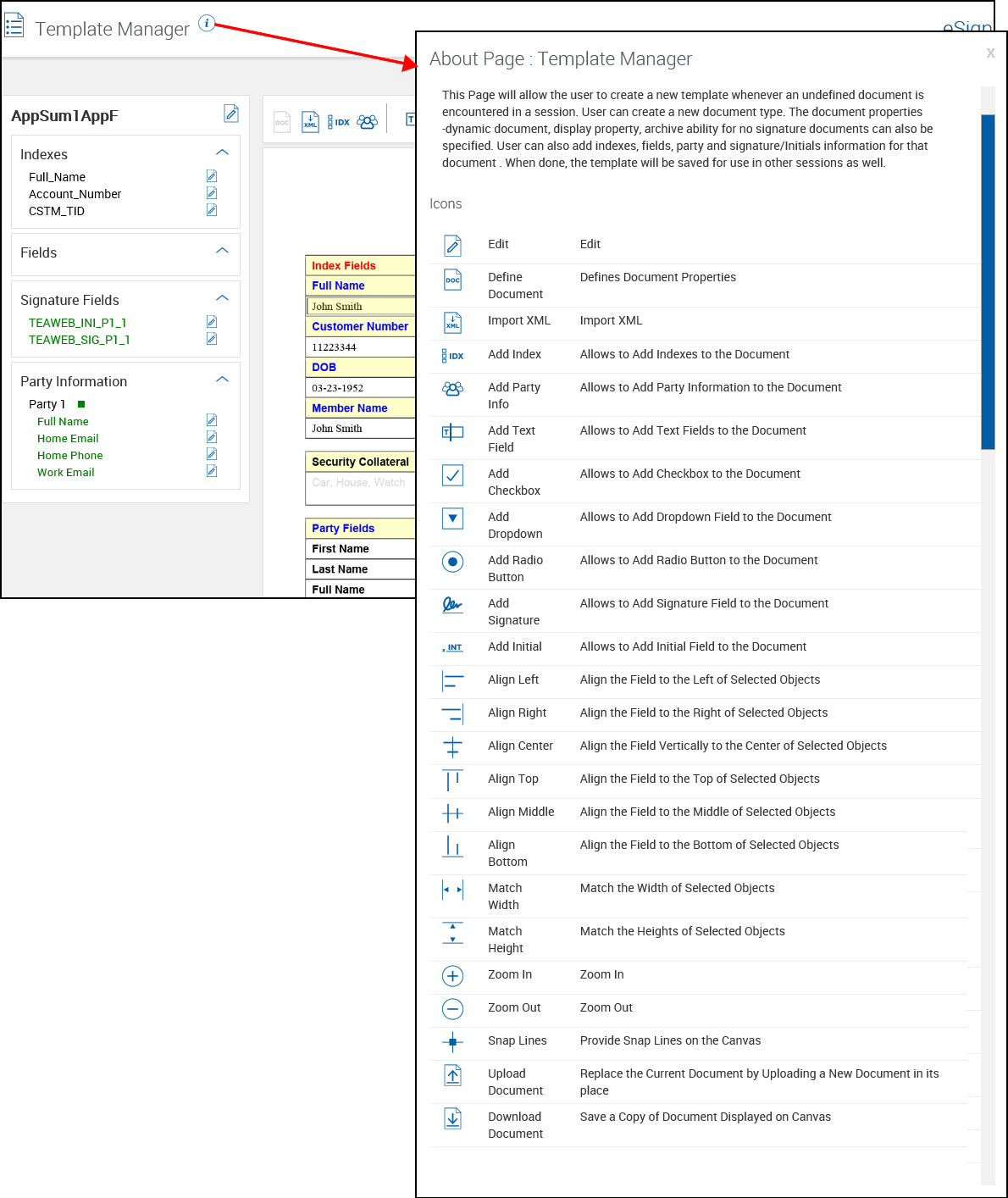 Template Manager with Help popup