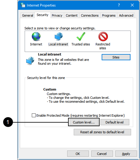 Internet Properties, Security tab, Click Custom Level