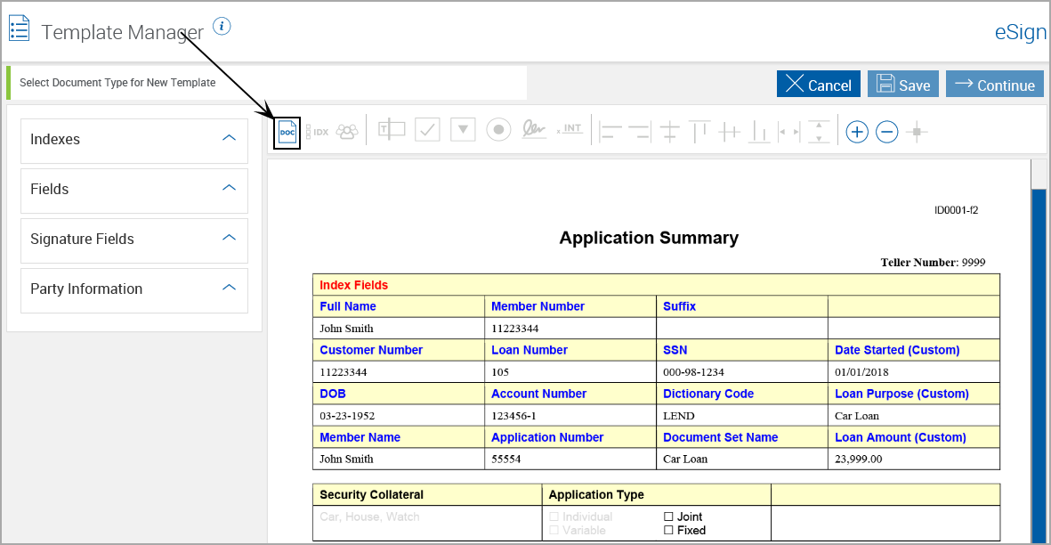 Defining Document Template, Click Define Document Icon