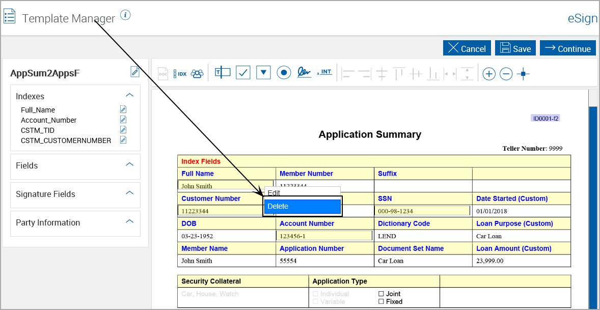 Template Manager Showing Delete Index Region Pop Up Choices