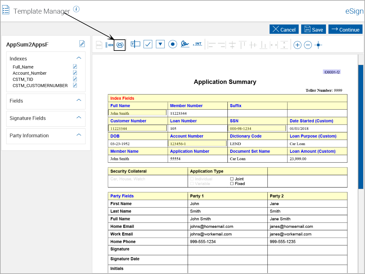 Template Manager, Click Add Party icon