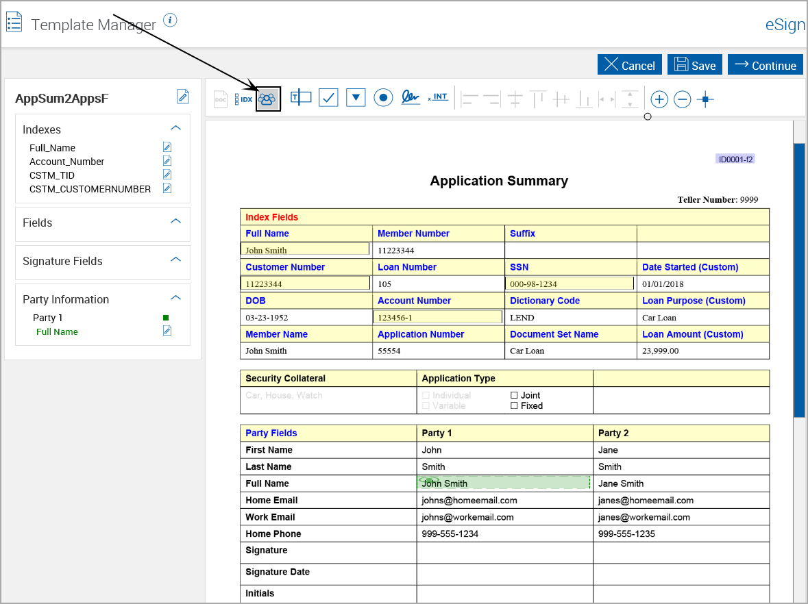 Template Manager, Click Add Party icon