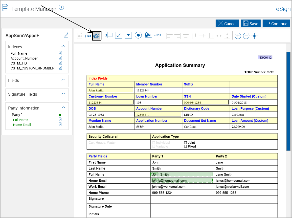 Template Manager, Click Add Party icon
