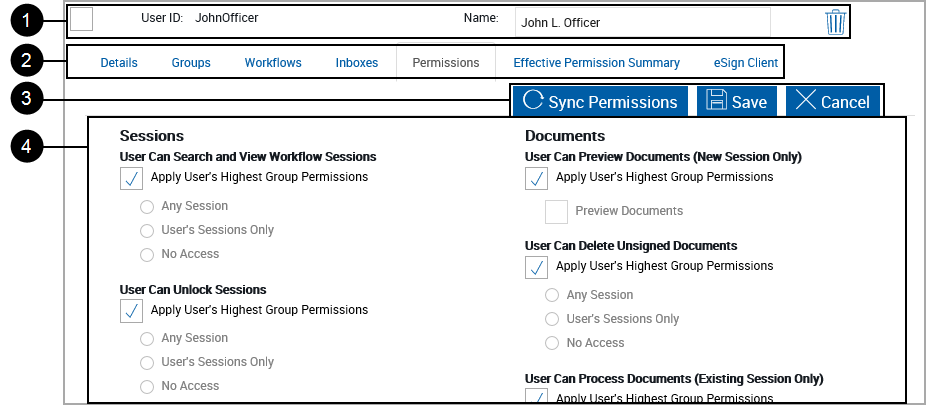 User Maintenance, Permissions Tab