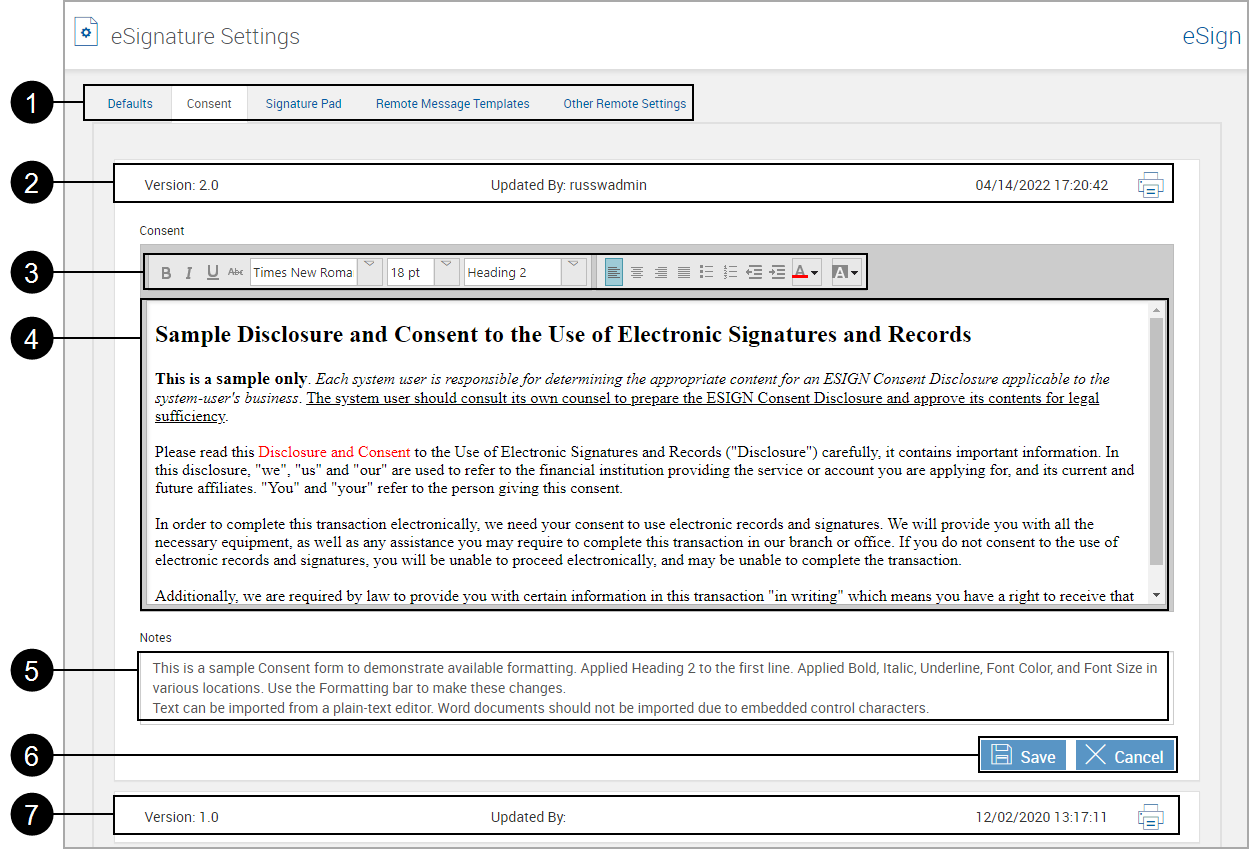 eSignature Settings page, Consent tab