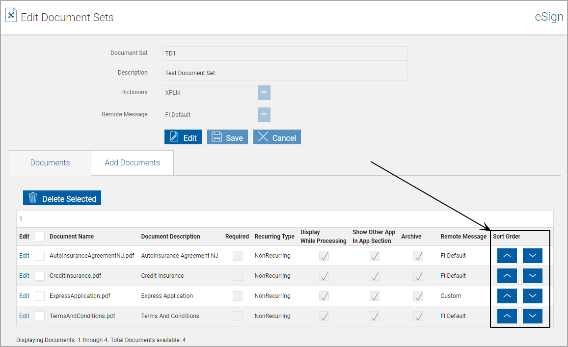 Edit Document Sets, Use Arrows to reorder docs Edit Document Sets, Use Arrows to reorder docs