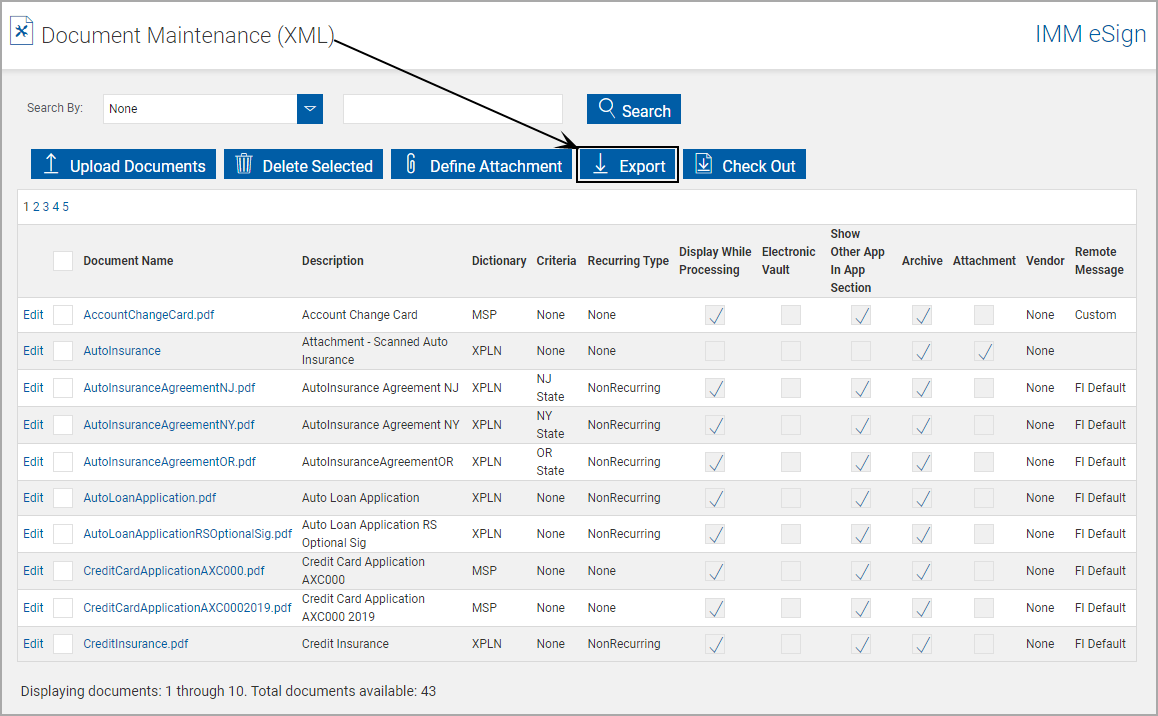 Document Maintenance (XML), Click Export Document Maintenance (XML), Click Export