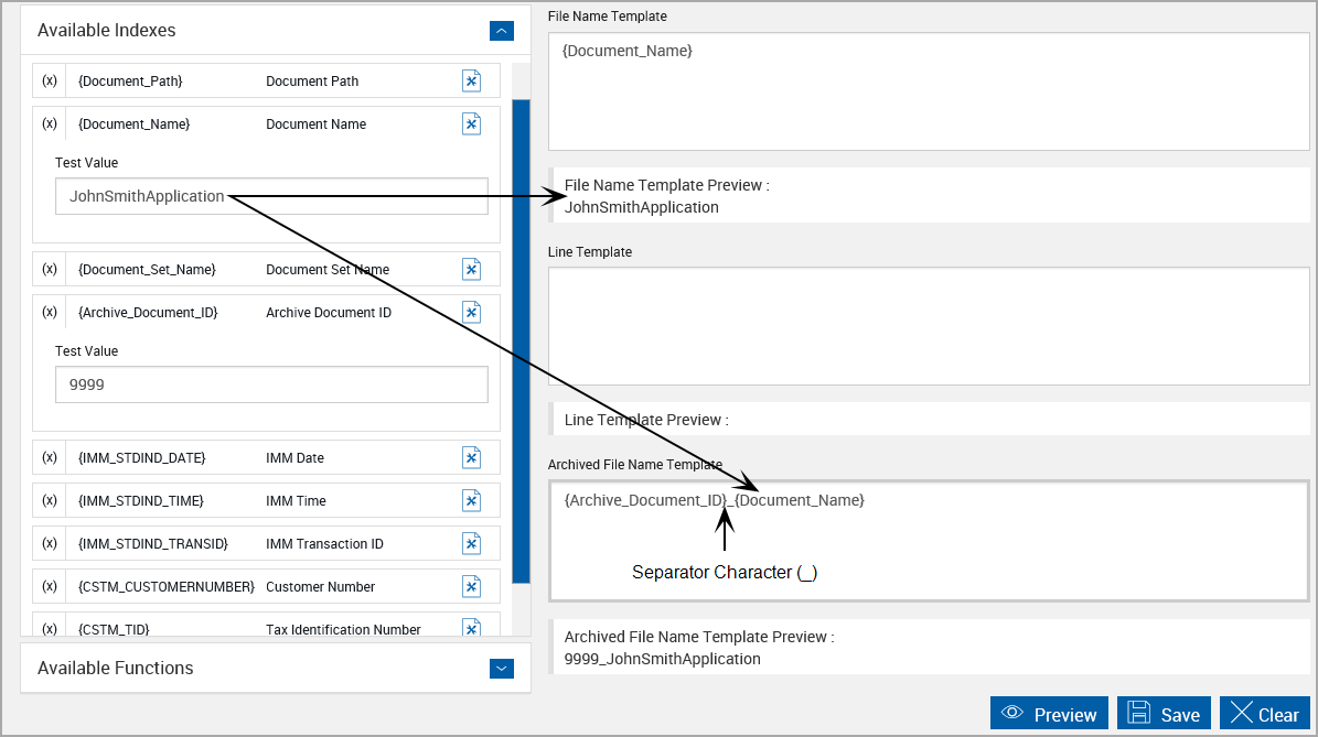 Imaging System Settings, Preview values showing