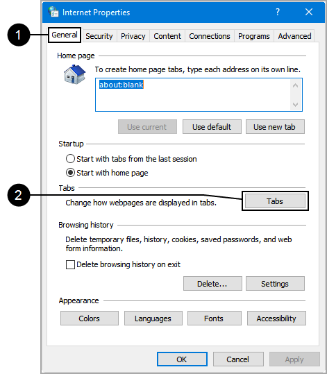 Internet Properties, General Tab