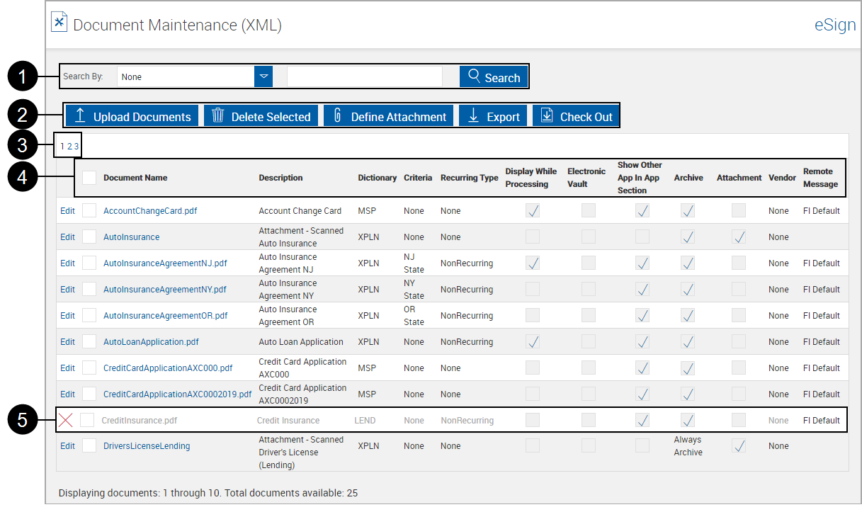 Document Maintenance (XML) page Document Maintenance (XML) page