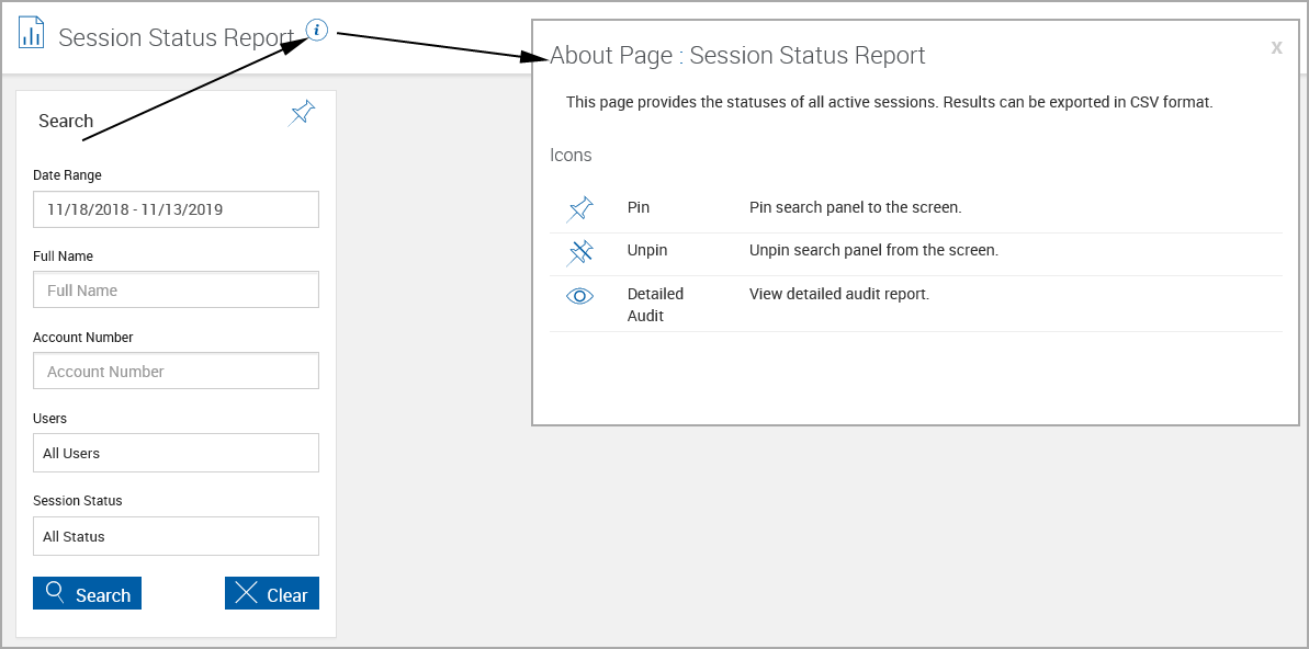 Session Status Report with Help popup