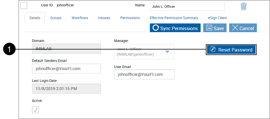 User, Details Tab, Click Reset Password