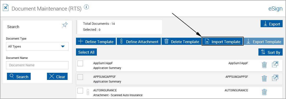 Document Maintenance (RTS), Click Import Template