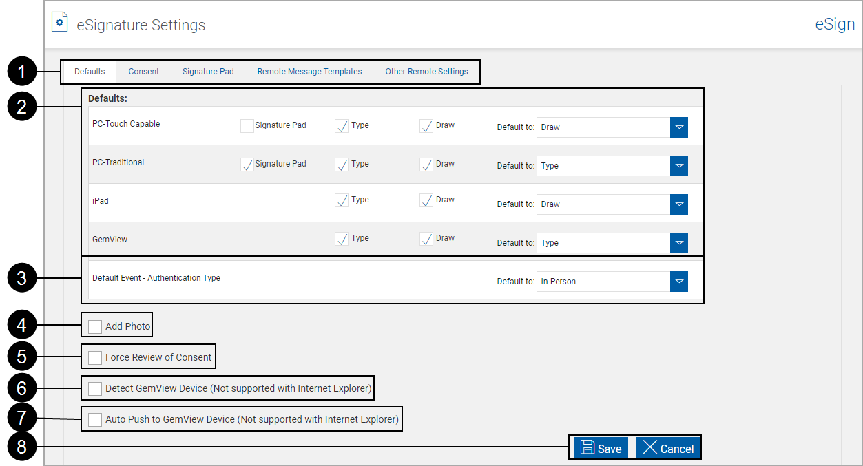 eSignature Settings Page, Defaults Tab