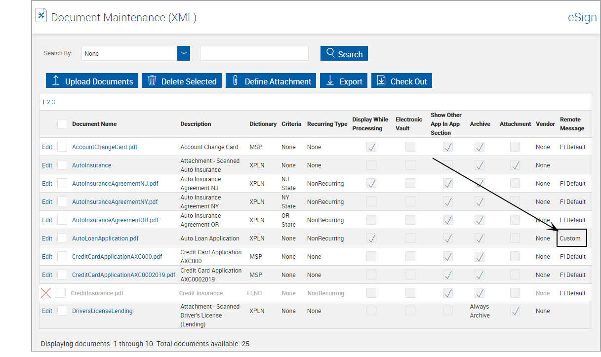 Document Maintenance Page showing Custom Remote Message Document Maintenance Page showing Custom Remote Message