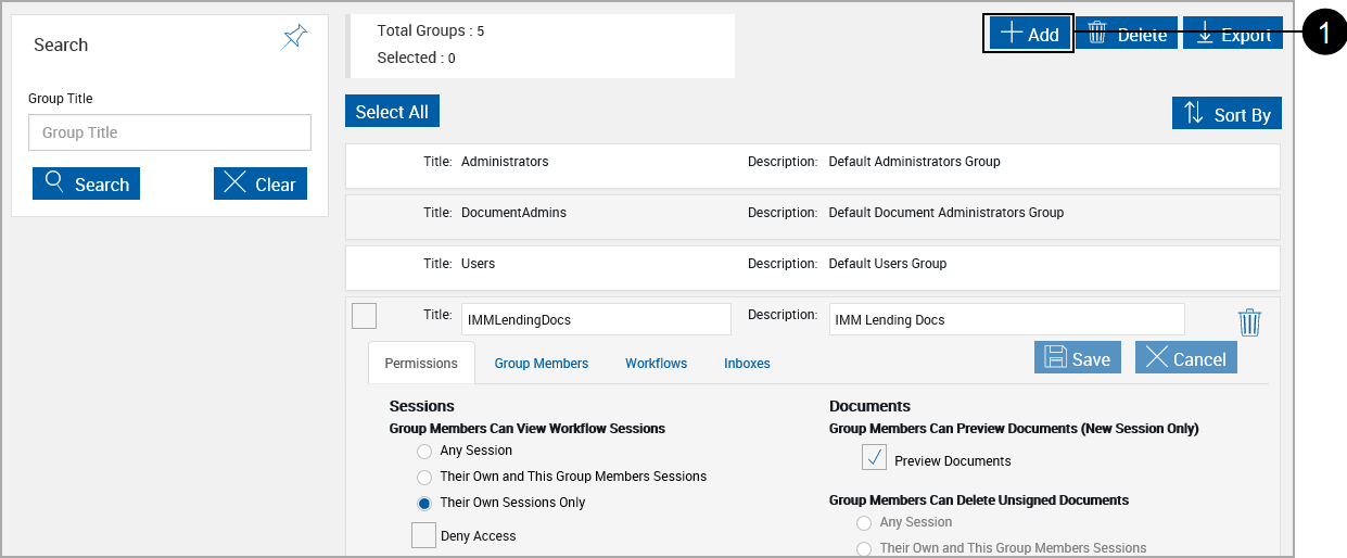 Groups Maintenance page with Expanded Lending group