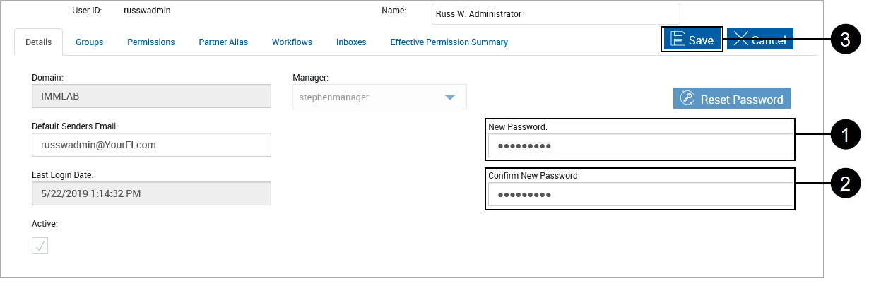 User Account Settings, New Pasword, Click Save