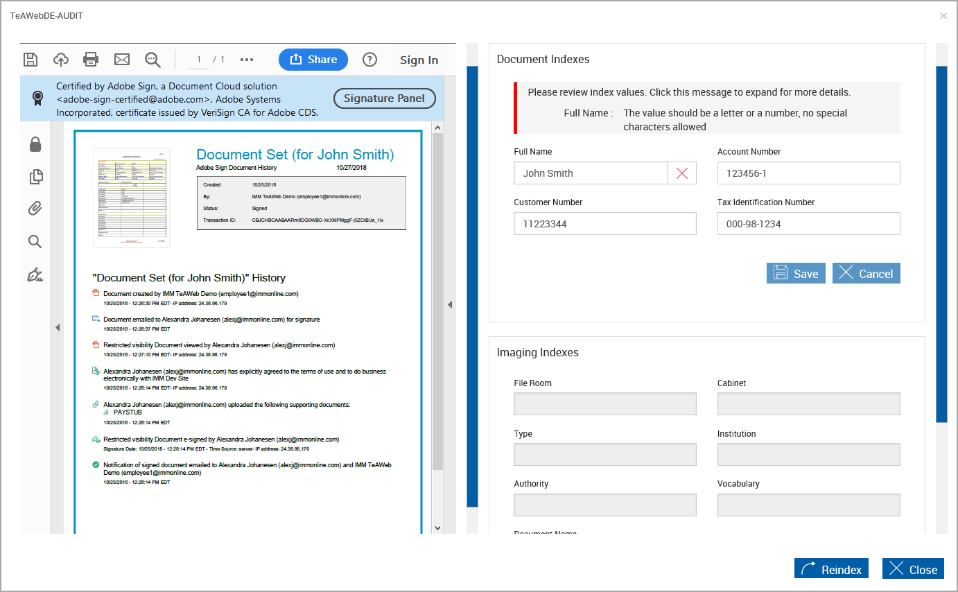 Document Indexes with Error for Editing