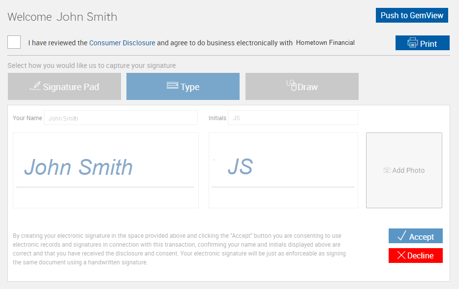 Consent Page with Push to GemView Button